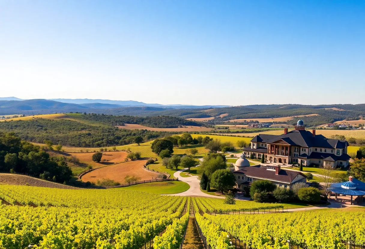 Beautiful view of a luxury hotel with vineyards in Fredericksburg, Texas