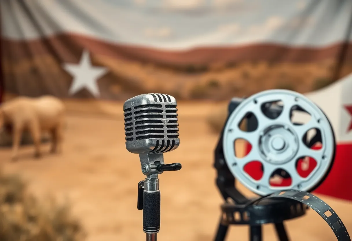 Artistic depiction of a film set with a microphone and film reel symbolizing trademarking.