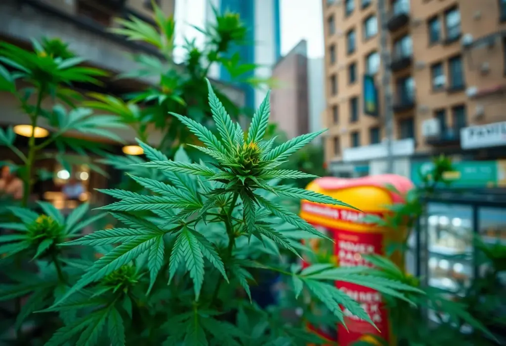 Medical marijuana plant in urban dispensary setting
