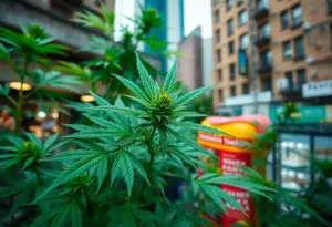 Medical marijuana plant in urban dispensary setting