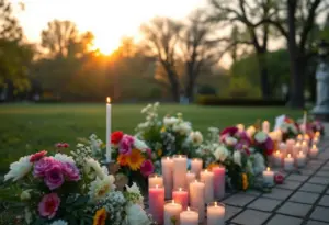 Memorial candles and flowers in honor of a spiritual leader in Austin