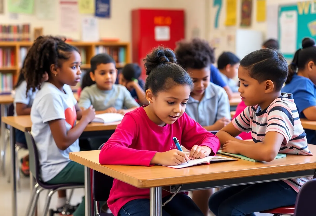 Students participating in classroom activities at Mendez Middle School in Austin.