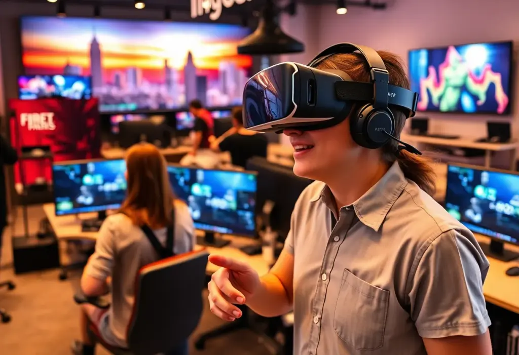 An artistic representation of the impact of Meta Platforms shutting down gaming studios in Austin, highlighting virtual reality and wearable technology.