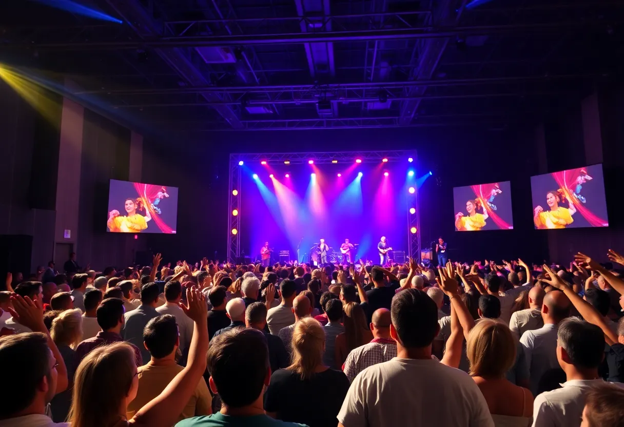 Concert scene featuring a live performance and audience enjoying the event.