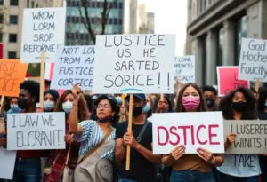 Protesters holding signs demanding justice in Minneapolis.