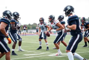 College football quarterbacks practicing on field