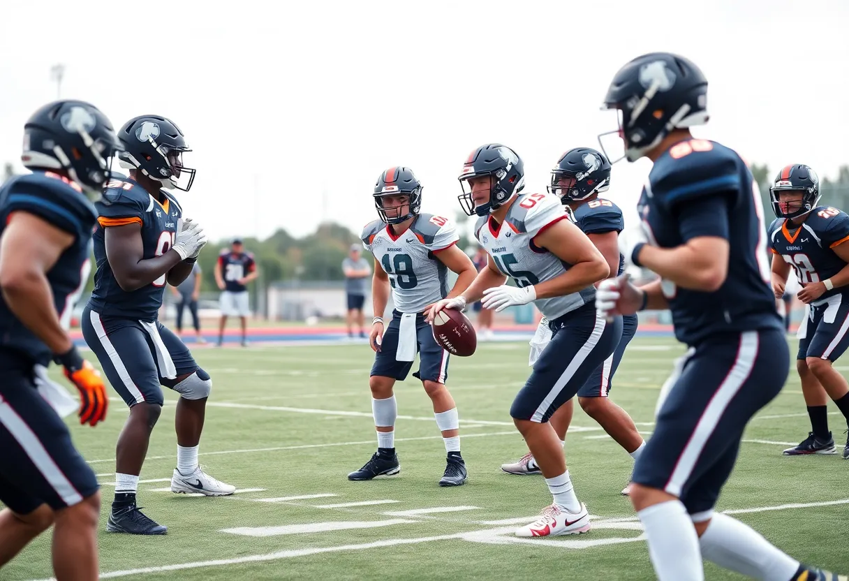 College football quarterbacks practicing on field