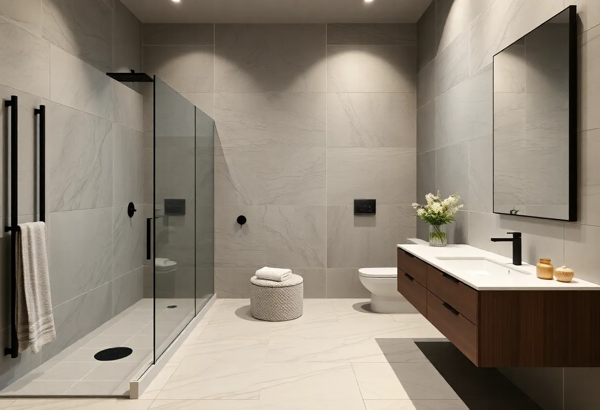 Stylish modern bathroom featuring curbless shower and floating vanity