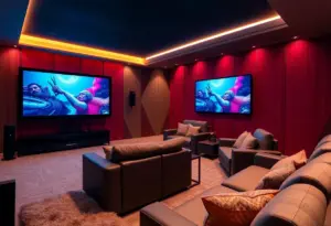 A beautifully designed modern home theater with advanced technology and comfortable seating.