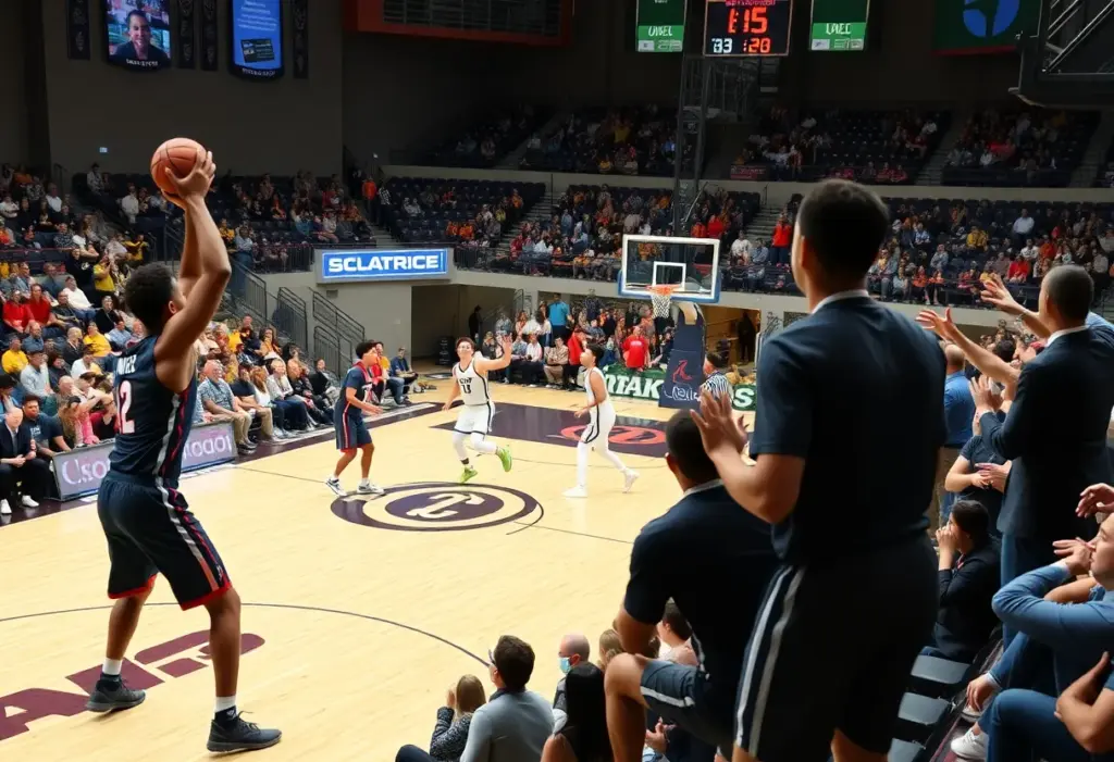 A basketball game in progress between Mount St. Mary's University and Quinnipiac University.