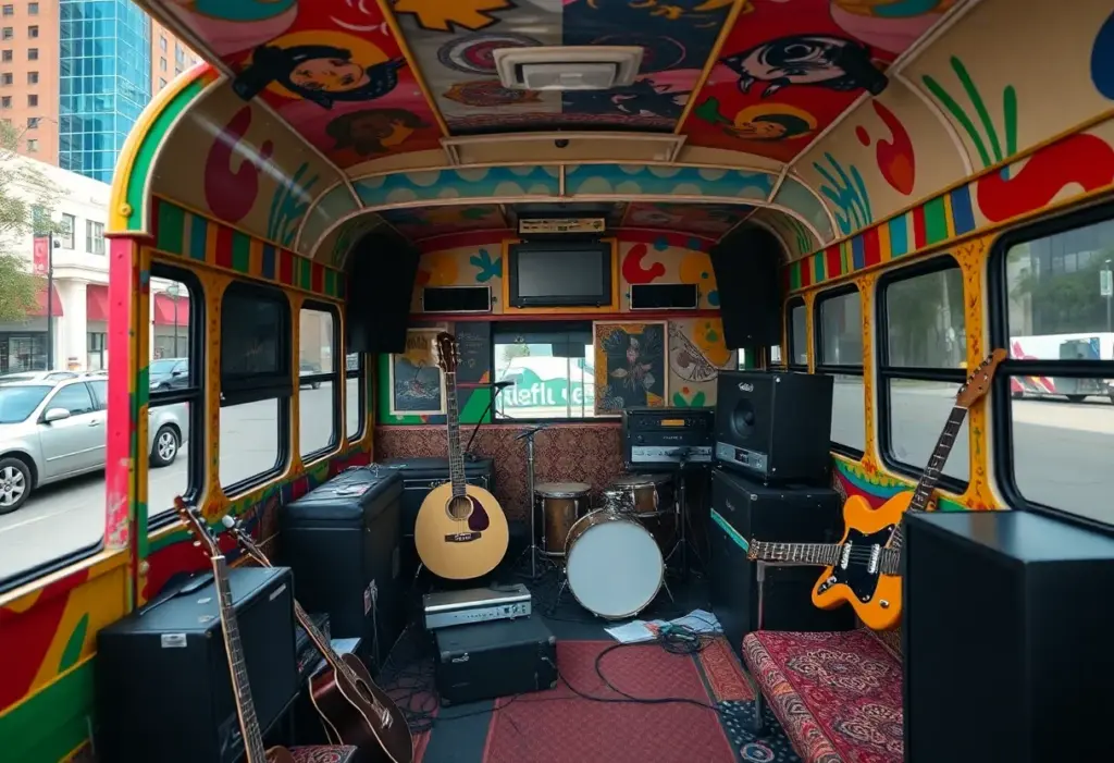 Interior view of a converted city bus as a rehearsal space for musicians with instruments and sound equipment.