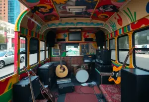 Interior view of a converted city bus as a rehearsal space for musicians with instruments and sound equipment.