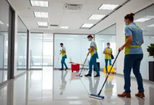 Team of cleaners providing commercial cleaning services in an office
