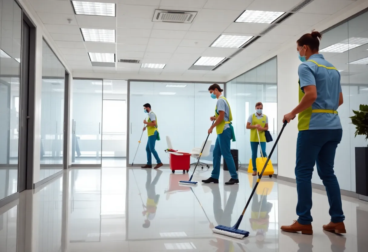 Team of cleaners providing commercial cleaning services in an office