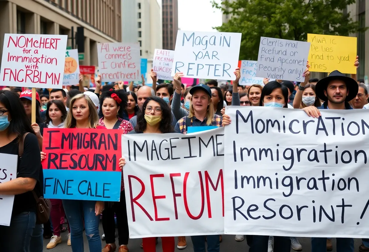 Nationwide protest scene against ICE with demonstrators holding signs.