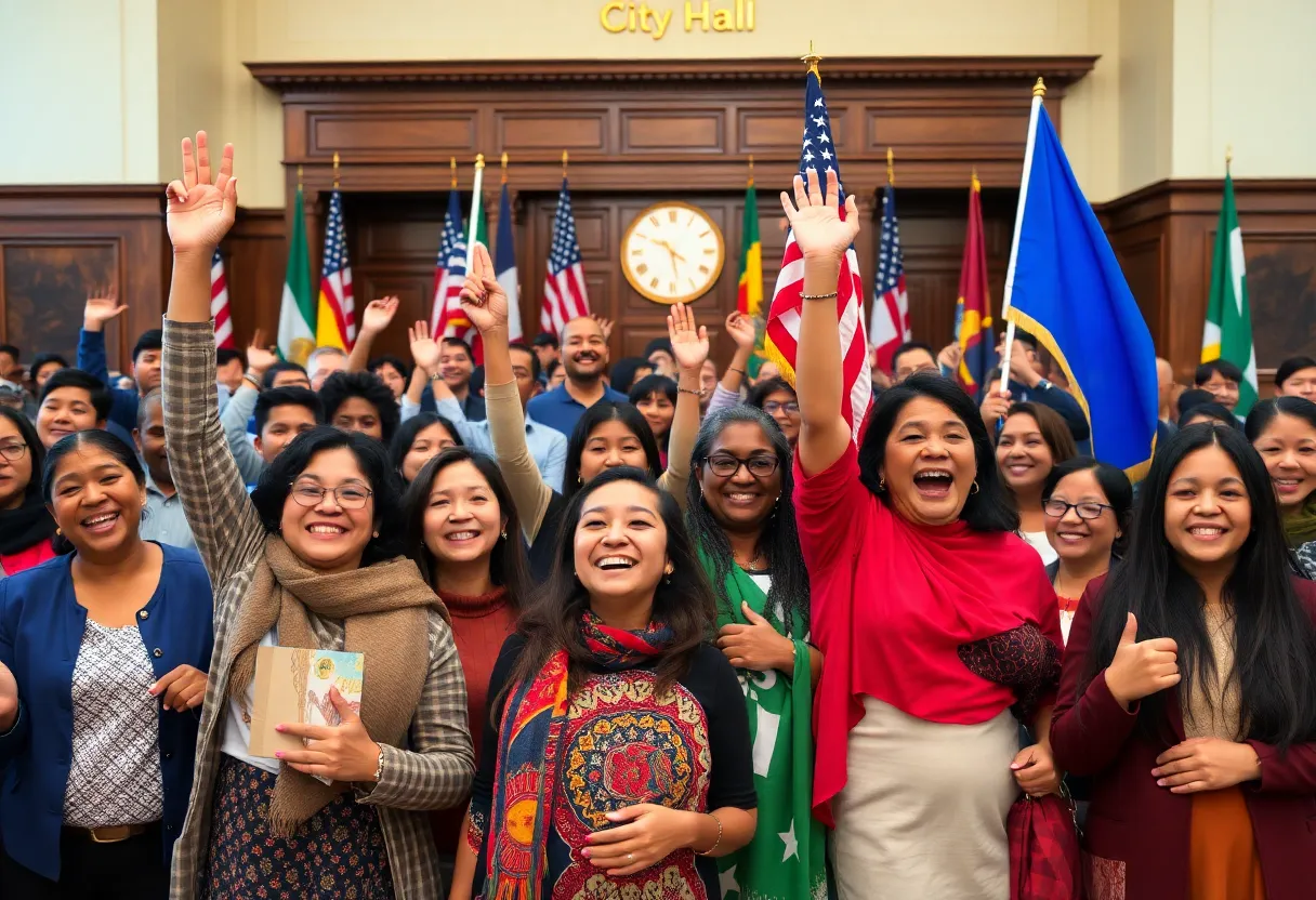 Immigrants celebrating at a naturalization ceremony