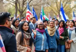Diverse group of immigrants celebrating their naturalization ceremony