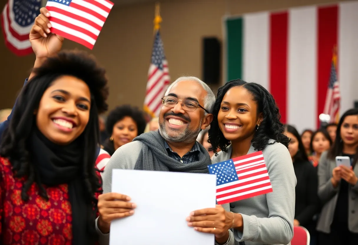 Immigrant family celebrating citizenship in a naturalization ceremony