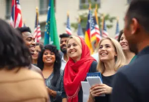 People celebrating a naturalization ceremony with flags.