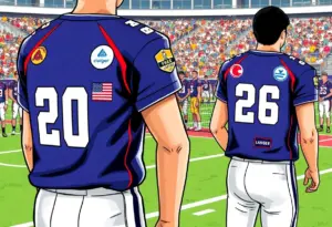 College athletic uniforms displaying commercial patches for sponsorship.