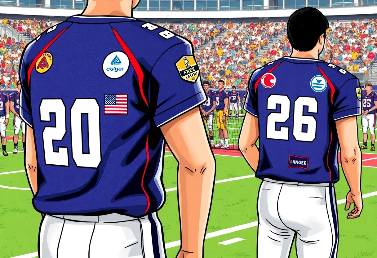 College athletic uniforms displaying commercial patches for sponsorship.