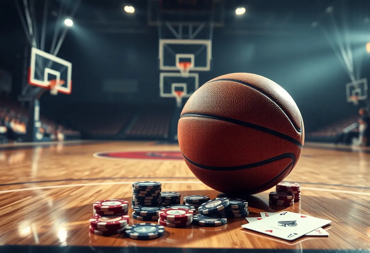 An artistic representation of NCAA basketball with gambling elements
