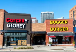 An urban scene in East Austin featuring a grocery store and a burger restaurant sign.