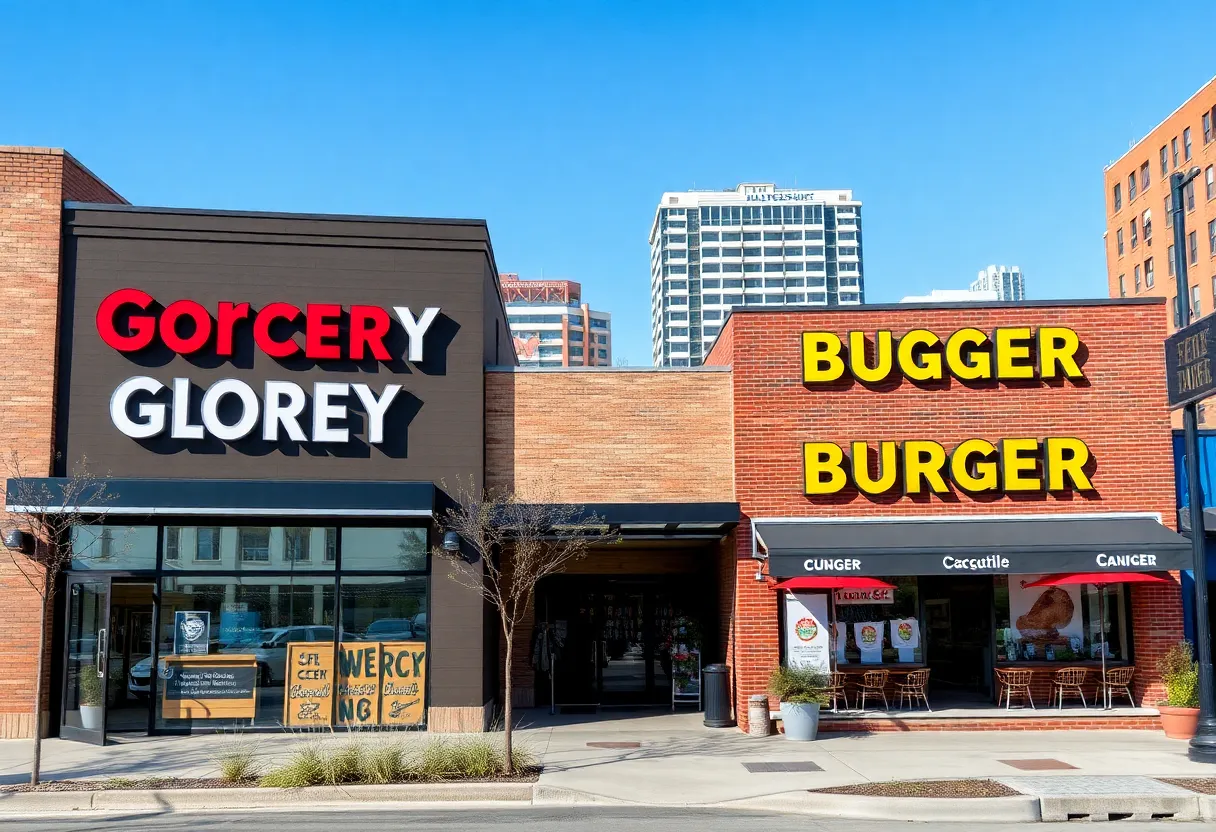 An urban scene in East Austin featuring a grocery store and a burger restaurant sign.