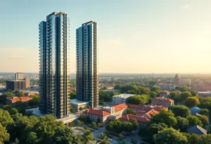 Render of two new high-rise towers near University of Texas