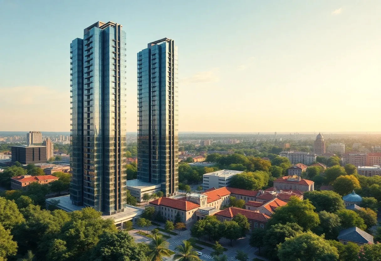 Render of two new high-rise towers near University of Texas