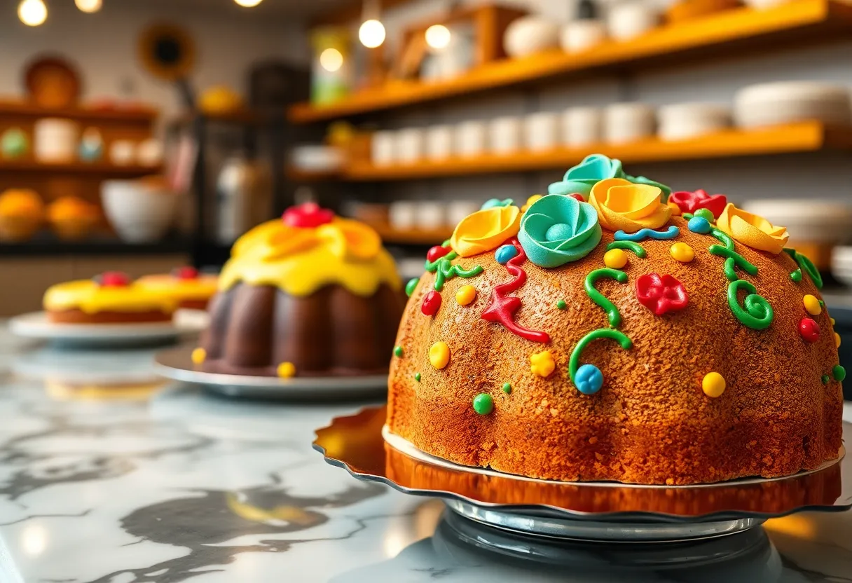 A vibrant and beautifully decorated bundt cake displayed in a bakery setting.
