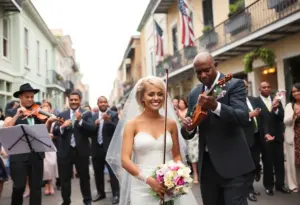 A vibrant second line parade in New Orleans celebrating a wedding.