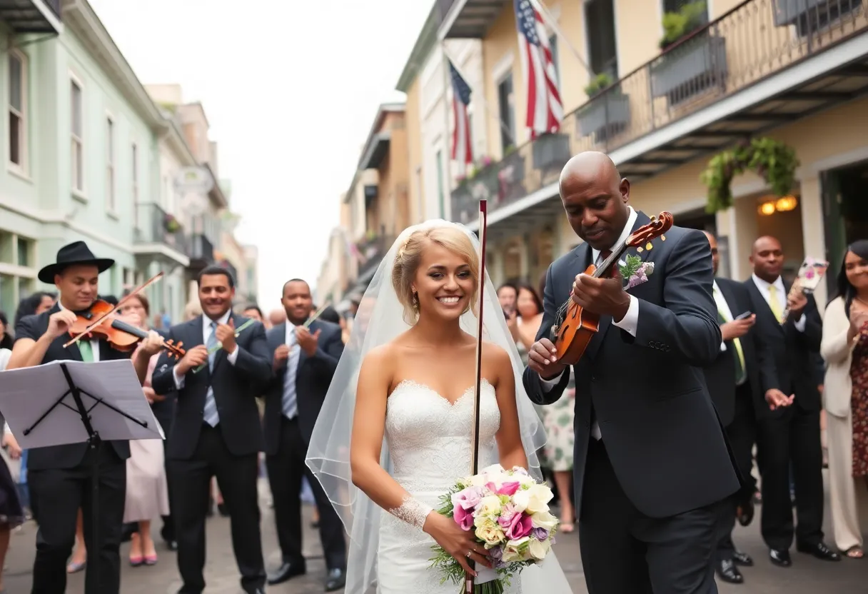 A vibrant second line parade in New Orleans celebrating a wedding.