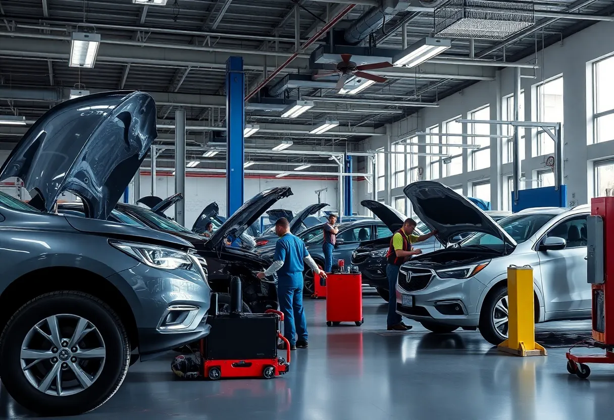 Interior view of Nyle Maxwell Collision Center with technicians repairing vehicles
