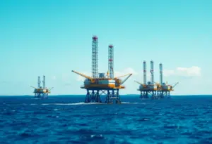 An illustration depicting offshore oil and gas production in the Gulf of America.