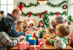 Families enjoying breakfast and festive activities at the Pancakes & Presents event in Georgetown.