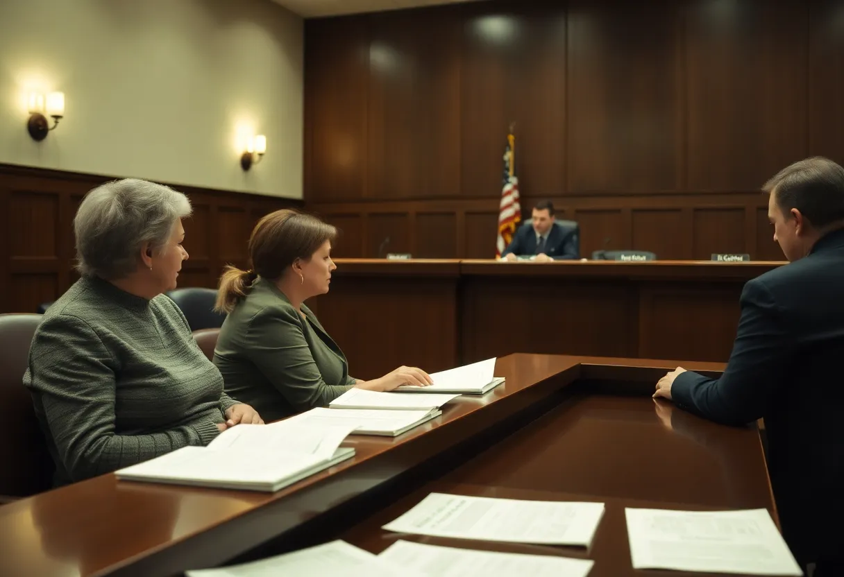 Parents with attorney in a courthouse for a lawsuit case