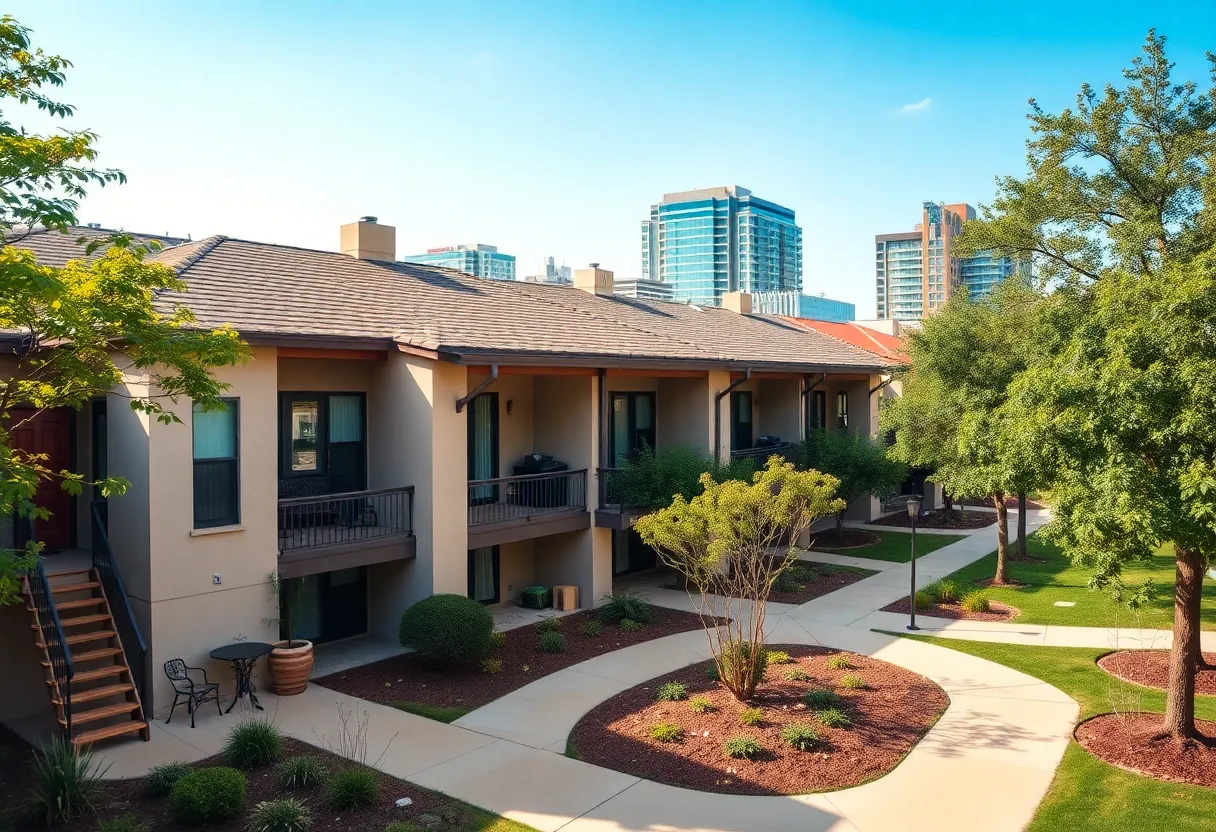 Exterior view of Parker Heights Apartments showcasing mid-century architecture in Austin, TX.