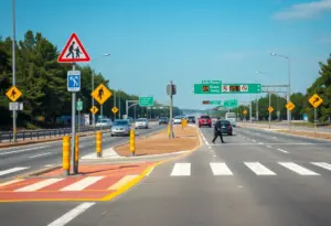 A highway scene with pedestrian signs highlighting the importance of safety for walkers on busy roadways.