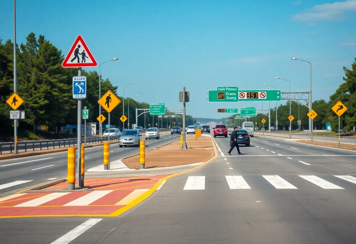 A highway scene with pedestrian signs highlighting the importance of safety for walkers on busy roadways.