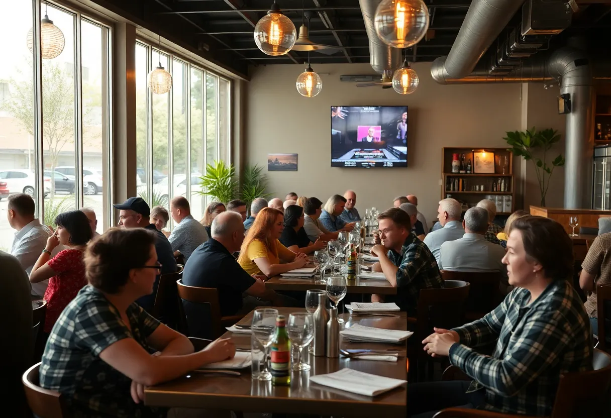 Austin restaurant exterior with a focus on business discussions.