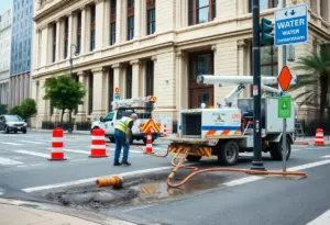Utility workers repairing a water main break in Pflugerville.