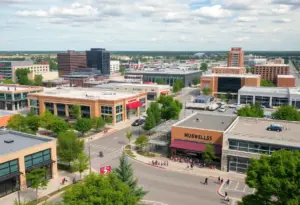 A vibrant Pflugerville cityscape illustrating new business developments and community investment.