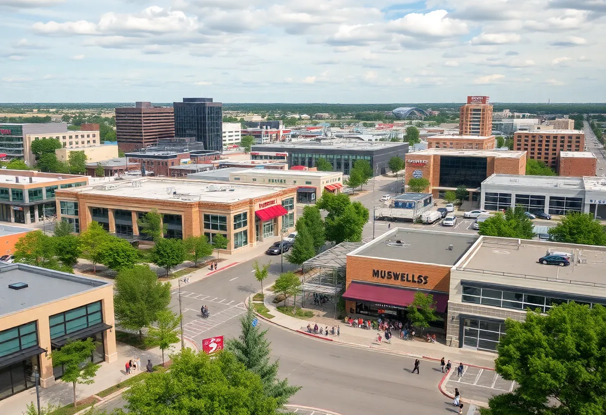 A vibrant Pflugerville cityscape illustrating new business developments and community investment.