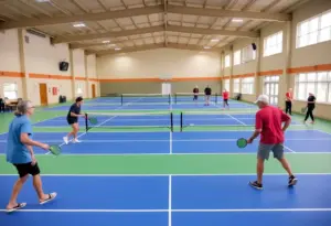 Interior of an indoor pickleball facility with players