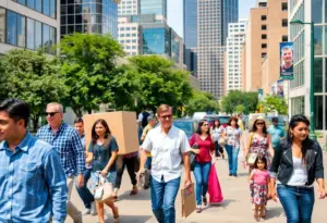 Families relocating in a bustling Austin, Texas cityscape