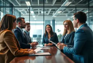 Business professionals strategizing press release distribution in an office.