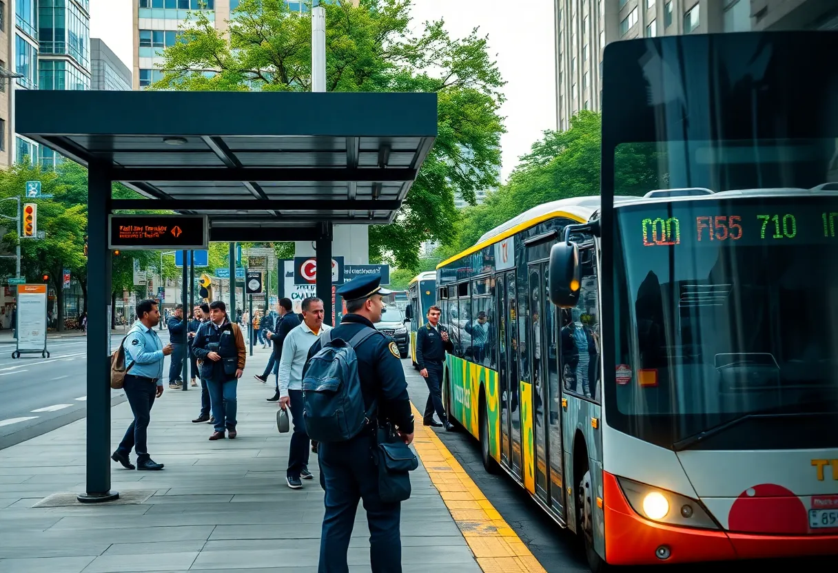 Public transportation scene with a police presence in an urban setting