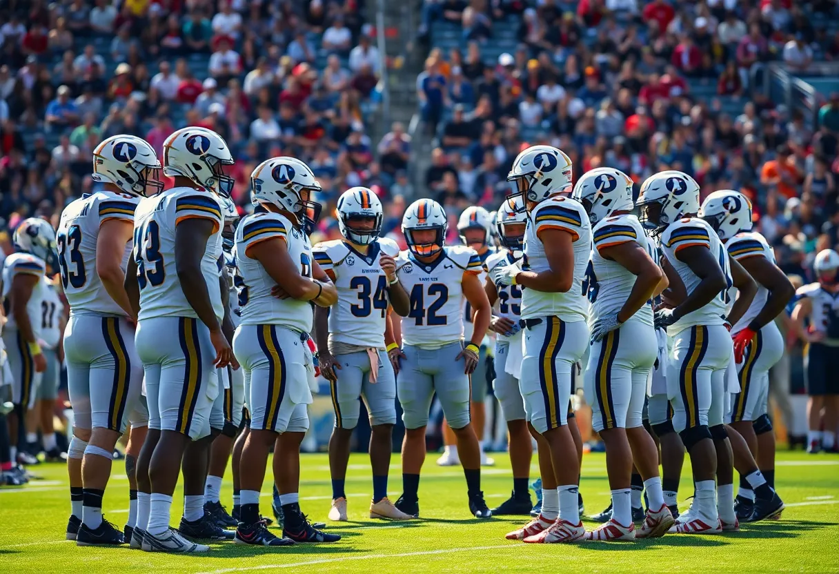 Quarterbacks from LSU and Oregon strategizing in a football field