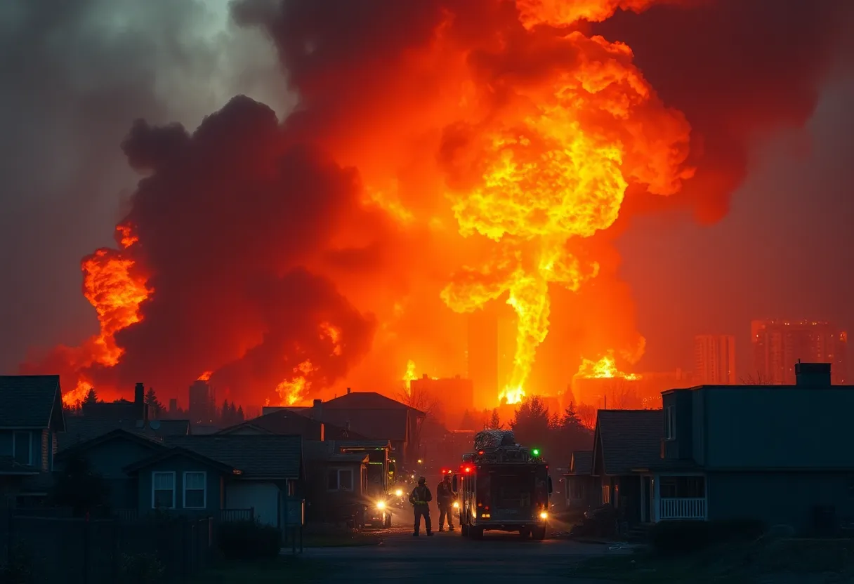 Emergency responders combating wildfires in an urban area